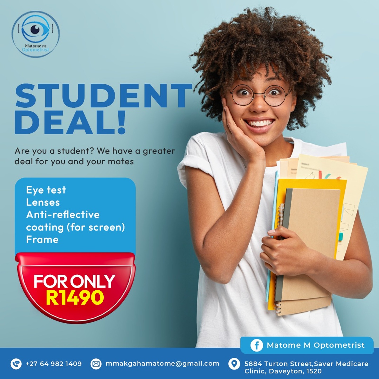 Student special offer R1490 eye test lenses frame Daveyton optometrist